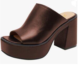 FOWT Brown Open Toe Block High Heel Platform Mules Slip On Fashion Party Slipper